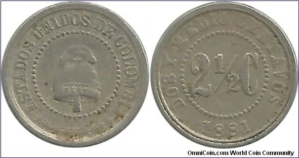 Colombia 2½ Centavos 1881W - (Cu-Ni), 14-14,5 mm