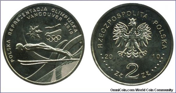 Poland, 2 zlote, 2010, Cu-Al-Zn-Sn, 27mm, 8.15g, Polish appearance on the Winter Olimpic Games Vancouver 2010.