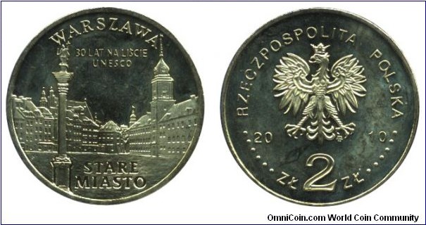Poland, 2 zlote, 2010, Cu-Al-Zn-Sn, 27mm, 8.15g, Warsaw 30 years on the Unesco list, Old Town.