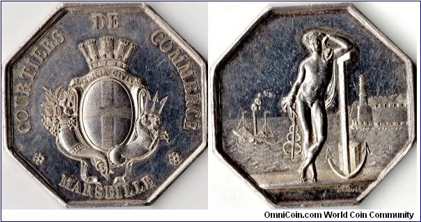 silver jeton struck for the `Courtiers de Commerce de Marseille', a maritime assurance company
