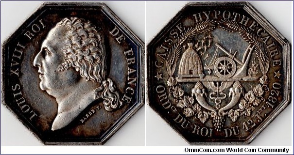 silver jeton struck for `La caisse Hypothecaire' (Mortgage Bank) during the reign of Louise XVIII)