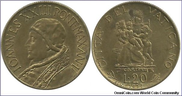Vatican 20 Lire 1959 (First year of Pope John XXIII)