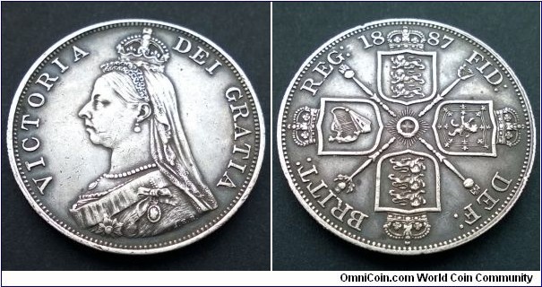 Queen Victoria 1887 Double Florin (4 /-). Jubilee Head. Arabic 1. aEF - EF.