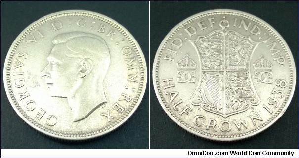 George VI 1938 Half Crown. Scarcer date. gVF.