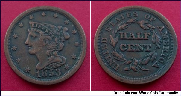 USA Half Cent 1853. Large Copper Coin. aEF+.