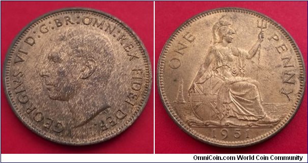 George VI 1951 Penny. Bright UNC Reverse, Obverse More Toned. UNC.