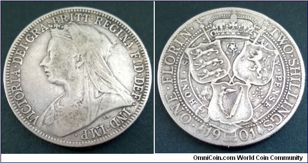 Queen Victoria 1901 Florin. Old Head. Fine.