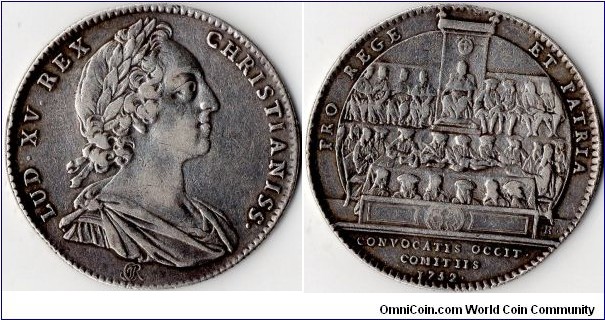silver jeton struck for the administration of Languedoc (Etats Occitaine)in 1752. The design for this year commemorates the re-establishment of a local parliament. obverse legend `for king and country'
