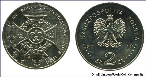 Poland, 2 zlote, 2010, Cu-Al-Zn-Sn, 27mm, 8.15g, 100th Anniversary of the Polish Scounting.