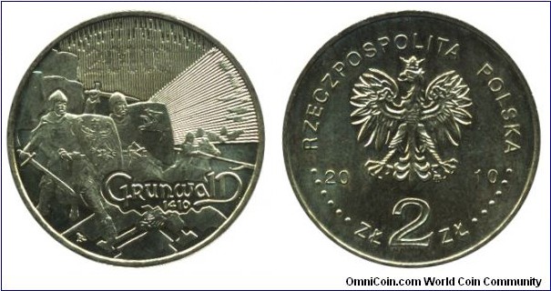 Poland, 2 zlote, 2010, Cu-Al-Zn-Sn, 27mm, 8.15g, Battle of Grünwald, 1410.