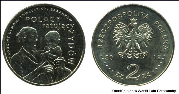 Poland, 2 zlote, 2012, Cu-Al-Zn-Sn, 27mm, 8.15g, Polish families helping the Jews: Ulma, Kowalski, Baranek.