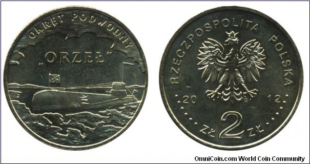 Poland, 2 zlote, 2012, Cu-Al-Zn-Sn, 27mm, 8.15g, Submarine Orzel.