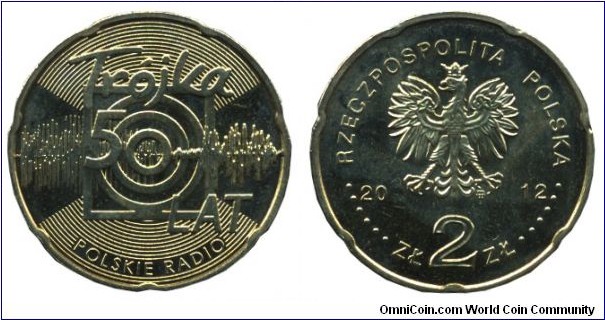 Poland, 2 zlote, 2012, Cu-Al-Zn-Sn, 27mm, 8.15g, Unusual shape, 50th Anniversary of the Polish Radio Trojka.