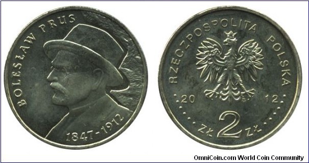 Poland, 2 zlote, 2012, Cu-Al-Zn-Sn, 27mm, 8.15g, Boleslaw Prus, 1847-1912.