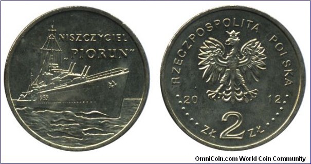 Poland, 2 zlote, 2012, Cu-Al-Zn-Sn, 27mm, 8.15g, Destroyer Piorun.