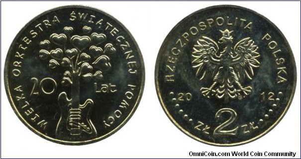 Poland, 2 zlote, 2012, Cu-Al-Zn-Sn, 27mm, 8.15g, Christmas Charity Orchestra, 20th Anniversary.