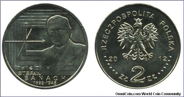 Poland, 2 zlote, 2012, Cu-Al-Zn-Sn, 27mm, 8.15g, Stefan Banach, Mathematician, 1892-1945.