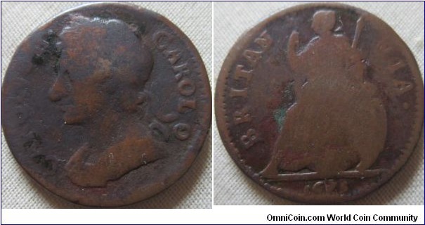 1675 farthing, fair grade, very compressed date type.