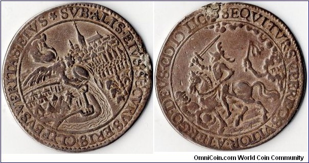 silver jeton from the Spanish Netherlands minted in 1598 and depicting (reverse)the Dutch army under Maurice of Orange being shielded by the Angel of God while the Spanish Army is massed the other side of the river at Dordrecht; (obverse) Spanish General Mendoza riding forward while being flailed by the arm of God.