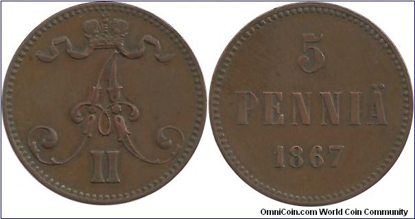 Finland-Grand Duchy 5 Penniä 1867