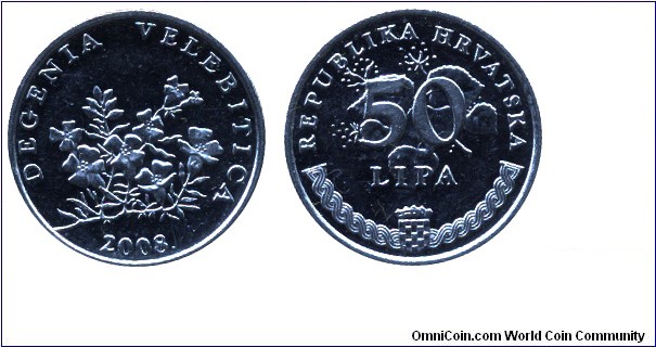 Croatia, 50 lipa, 2008, Ni-Steel, 20.5mm, 3.65g, Degenia Velebitica.