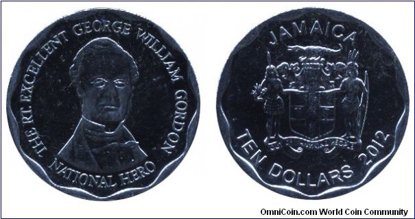 Jamaica, 10 dollars, 2012, Ni-Steel, 24.5mm, 6g, George William Gordon.