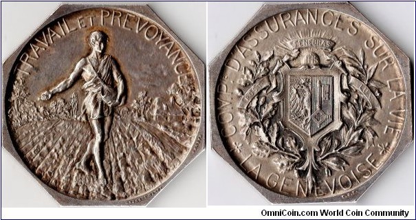 A piedfort Swiss silver jeton de presence struck in 1894 for the Swiss Life Assurance company `La Genevoise'. Only 1000 examples were struck in silver.