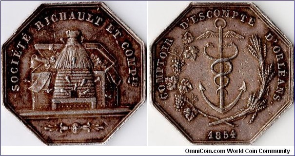 Original silver jeton struck in 1854 for the `Societe Richault' a provincial bank based in Orleans, France