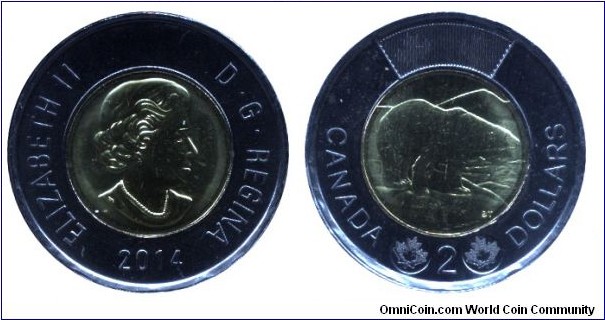 Canada, 2 dollars, 2014, bi-metallic, Polar Bear, Queen Elizabeth II.