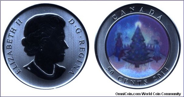 Canada, 50 cents, 2014, Cu-Ni, 35mm, 12.61g, colored coin, Lenticular Christmas Tree, Queen Elizabeth II.