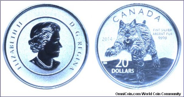 Canada, 20 dollars, 2014, Ag, 27mm, 7.96g, Bobcat, Queen Elizabeth II.