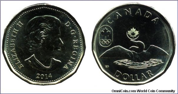 Canada, 1 dollar, 2014, 11-sided, Loon, Olympic sign, Queen Elizabeth II.