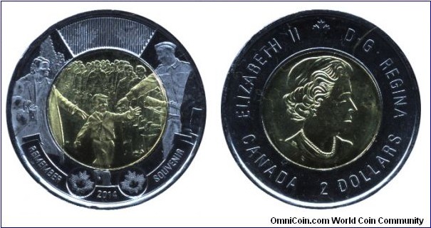 Canada, 2 dollars, 2014, bi-metallic, Remember souvenir, Queen Elizabeth II.