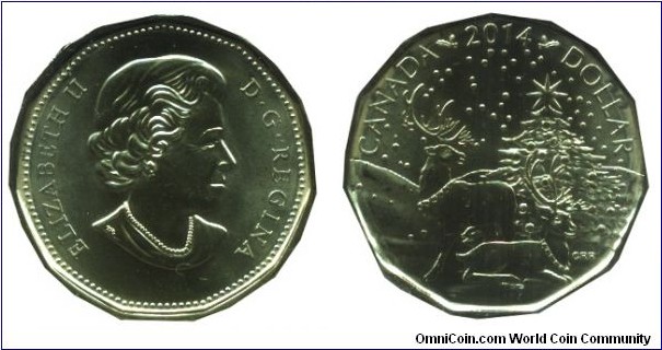 Canada, 1 dollar, 11-sided, Christmas scene with Reindeers, Queen Elizabeth II, only in Holiday Gift Set .