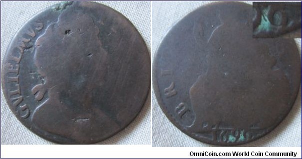 1696 halfpenny, low grade, unusual date recut at the 6.