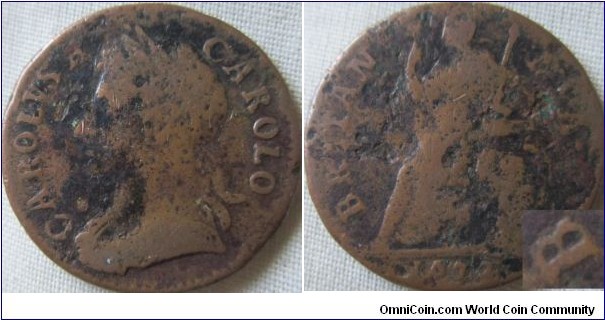 1672 farthing, low grade, very weak stops on obverse, possibly B over R (and R over B)