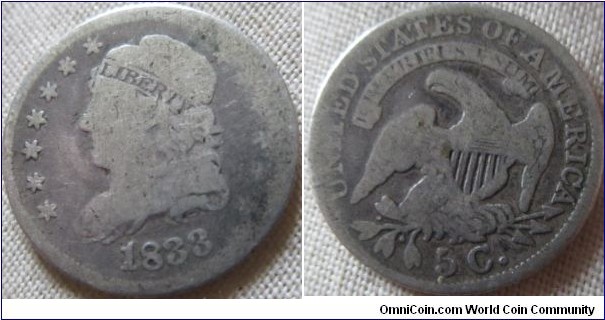 1833 half dime, low grade but clear details