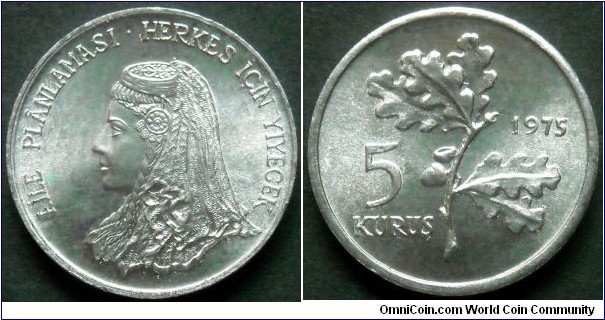 Turkey 5 kurus.
1975, F.A.O. Al.
Weight; 0,9g.
Diameter; 17mm.