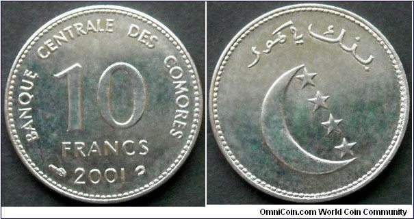 Comoros 10 francs.
2001, Stainless steel.