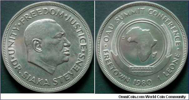 Sierra Leone 1 leone.
1980, O.A.U. Summit Conference - Freetown 1980. 
Cu-ni. Weight; 29,4g.
Diameter; 38,6mm.
Mintage: 75.000 pieces.