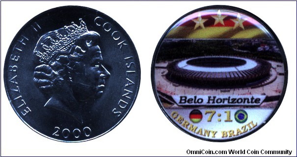 Cook Islands, 5 cents, Cu-Ni, 24.05mm, enamel coin, Queen Elizabeth II, World Soccer Championship Brazil, 2014, Germany-Brazil, 7:1, Belo Horizonte.