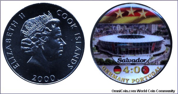 Cook Islands, 5 cents, Cu-Ni, 24.05mm, enamel coin, Queen Elizabeth II, World Soccer Championship Brazil, 2014, Germany-Portugal, 4:0, Salvador.