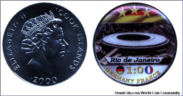 Cook Islands, 5 cents, Cu-Ni, 24.05mm, enamel coin, Queen Elizabeth II, World Soccer Championship, 2014, Germany-France, 1:0, Rio de Janeiro.