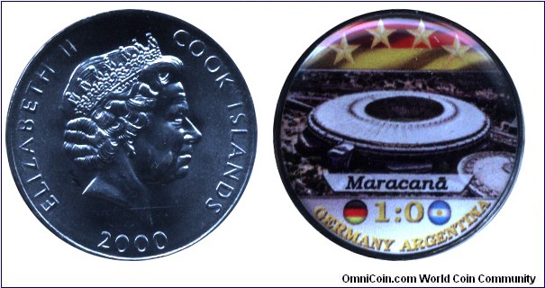 Cook Islands, 5 cents, Cu-Ni, 24.05mm, enamel coin, Queen Elizabeth II, World Soccer Championship Brazil, 2014, Germany-Argentina, 1:0, Maracana.