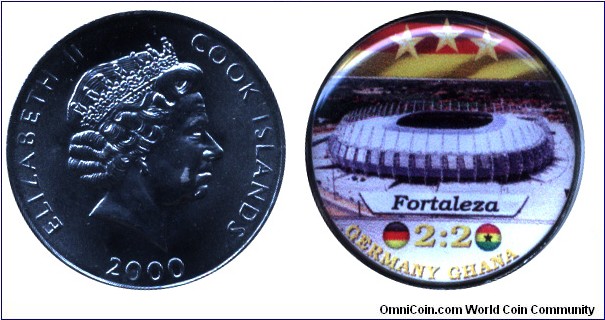 Cook Islands, 5 cents, Cu-Ni, 24.05mm, enamel coin, Queen Elizabeth II, World Soccer Championship Brazil, 2014, Germany-Ghana, 2:2, Fortaleza.