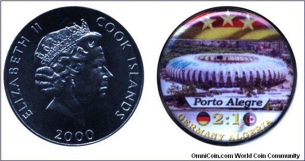Cook Islands, 5 cents, Cu-Ni, 24.05mm, enamel coin, Queen Elizabeth II, World Soccer Championship Brazil, 2014, Germany-Algeria, 2:1, Porto Alegre.