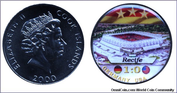 Cook Islands, 5 cents, Cu-Ni, 24.05mm, enamel coin, Queen Elizabeth II, World Soccer Championship Brazil, 2014, Germany-USA, 1:0, Recife.