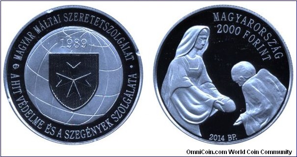 Hungary, 2000 forint, 2014, Cu-Ni, 37mm, 23.7g, St. Elizabeth of Hungary, 15th Anniversary of the Hungarian Maltese Charity Service.