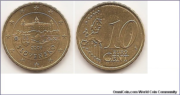 4.1000 g., Brass, 19.75 mm. Obv: Bratislava Castle and state emblem Rev: Expanded relief map of European Union at left, denomination at right Edge: Reeded Obv. designer: Ján Černaj Rev. designer: Luc Luycx