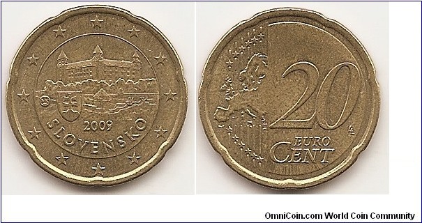 20 Euro Cent
KM#99
5.7400 g., Brass, 22.25 mm. Obv: Bratislava Castle and state emblem Rev: Expanded relief map of European Union at left, denomination at right Edge: Notched Obv. designer: Ján Černaj Rev. designer: Luc Luycx